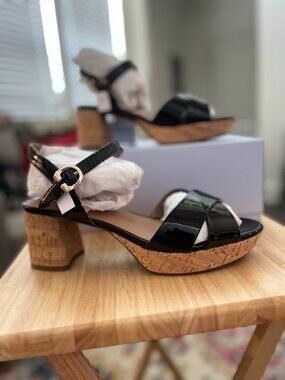 Aerosoles Cosmos Black Patent Cork Heel Sandals Size 10M NWT